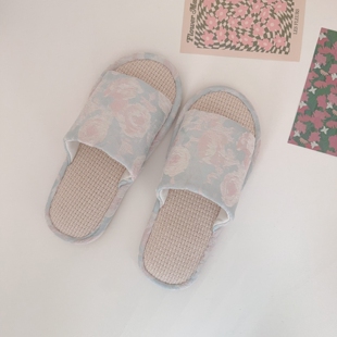 复古花朵居家透气亚麻拖鞋女夏防滑地板凉拖鞋外穿四季棉麻拖鞋
