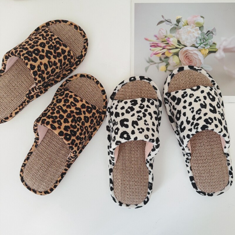 复古豹纹居家透气亚麻拖鞋女夏防滑地板凉拖鞋外穿四季棉麻拖鞋