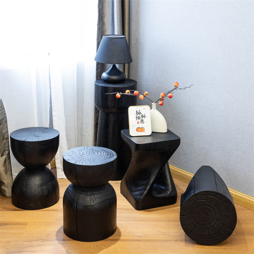 实木碳化木墩根雕花架民宿摆件