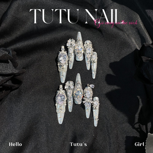 【银砂糖】TUTU NAIL手工穿戴美婚甲可拆卸重工高级仙气爆闪银白
