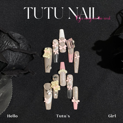 【小熊】TUTU NAIL手工穿戴甲美甲重工猫眼粉色裸蝴蝶结法式链条