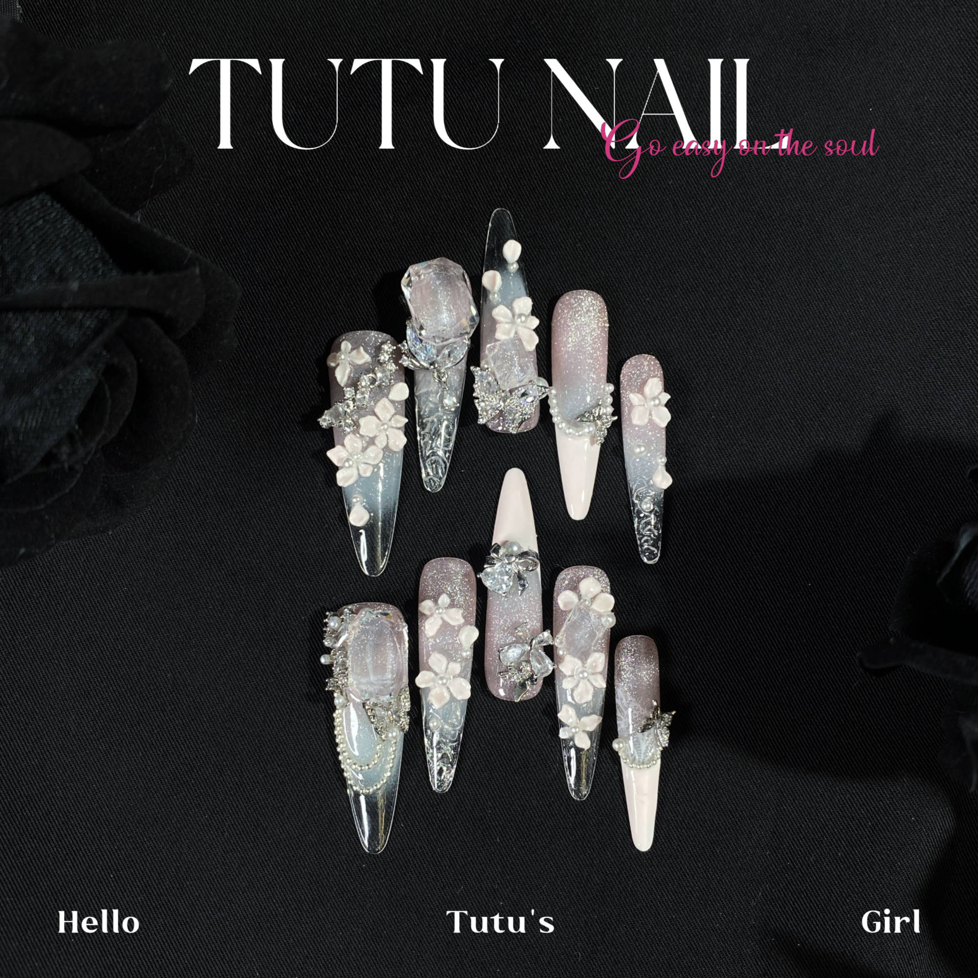 【花嫁】TUTU NAIL手工穿戴婚甲美重工猫眼雕琉璃冰透裸粉色法式
