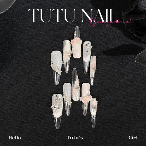 【朝暮】TUTU NAIL手工穿戴甲美甲重工婚甲法式蕾丝雕花珍珠粉白