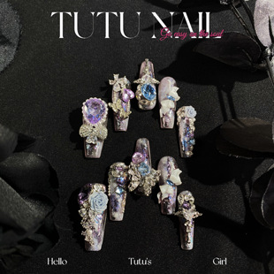 NAIL手工穿戴可拆卸美甲奢华长T尖蓝紫花蝴蝶 TUTU 代号鸢傅融