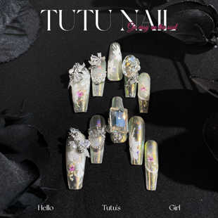 NAIL手工穿戴可拆卸美甲超长T尖花蕾丝中式 TUTU 婚甲 水漾刺金