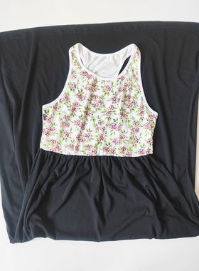 欧美玫瑰花朵工字背心款拼接黑色超长连衣裙女特价不tui换介意慎