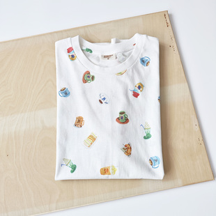 男女款 T恤上衣小衫 日单卡通咖啡印花超薄柔软丝光棉直筒短袖