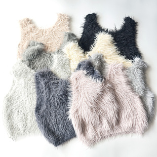 日单日系多色毛茸羽毛长纱线修身短款圆V领两穿针织外搭线背心女