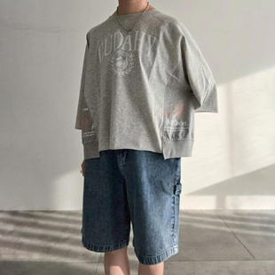 女 T恤上衣小衫 日单日系复古拼接宽松短款 字母印花后系带圆领短袖