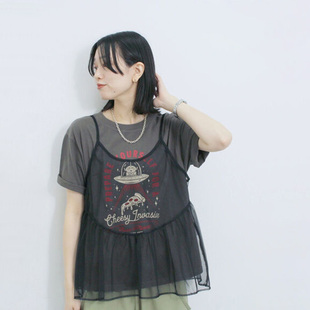 日单日系夏季闪银黑色网纱荷叶边蝴蝶结系带短款叠穿吊带背心女