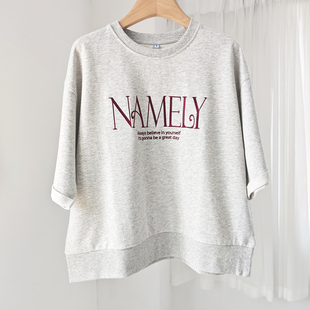 日单日系夏花灰色宽松纯棉酒红色刺绣字母毛圈圆领短袖T恤上衣女