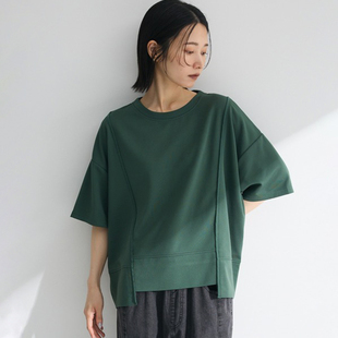 女 T恤上衣小衫 日单日系四色简约干爽波纹面料斜向拼接款 圆领短袖