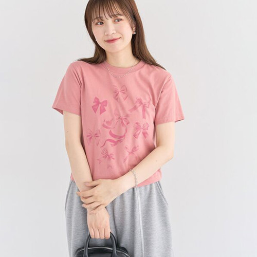 日单日系夏修身短款涤棉粉白色蝴蝶结印花短袖圆领T恤小衫上衣女