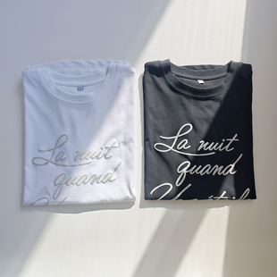 日单日系简约宽松丝光棉黑白立体银色英文字母圆领无袖 T恤上衣女