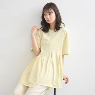 日单日系丝光棉黑白黄粉亮色不对称拼接裙摆型圆领短袖上衣T恤女