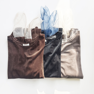 百搭圆领长袖 款 T恤上衣女 拼接撞色修身 日单日系光泽天鹅绒网纱袖