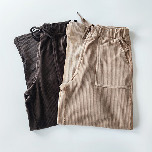 日单休闲开衩下摆松紧腰条绒阔腿