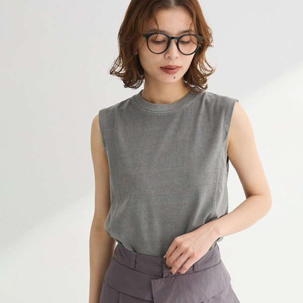 日单黑白红绿灰水洗做旧复古纯棉百搭拼接无袖圆领T恤小衫上衣女