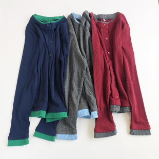 日单日系灰红蓝双拼色螺纹百搭针织弹力单排扣圆领长袖 外搭女 开衫