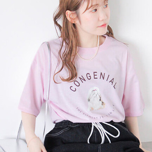 日单日系夏季粉白蓝涤棉棕色字母可爱小狗印花宽松短款短袖T恤女