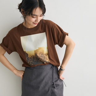 T恤上衣小衫 日单日系灰白棕三色涤棉光影印花修身 直筒型圆领短袖