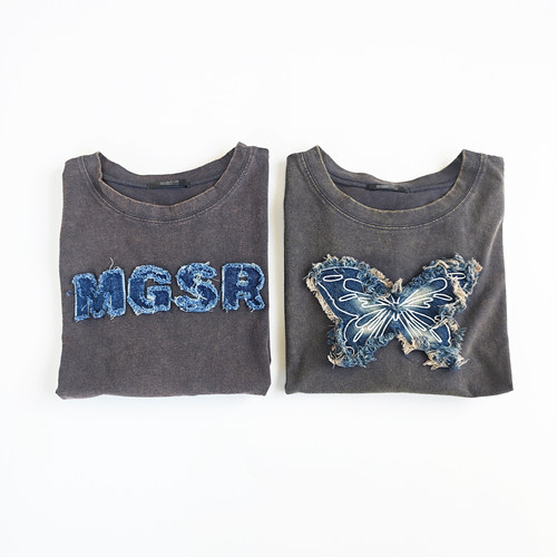 日单宽松短款纯棉复古水洗灰牛仔贴布字母大码圆领短袖T恤上衣女