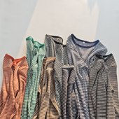 款 百搭圆领长袖 细条纹T恤上衣女M 日单日系撞色螺纹弹力修身 4L码