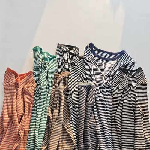 日单日系撞色螺纹弹力修身款百搭圆领长袖细条纹T恤上衣女M-4L码