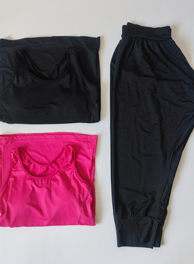 日单黑色弹力带胸垫瑜伽运动健身背心大裆宽腿裤女大码特价不tui