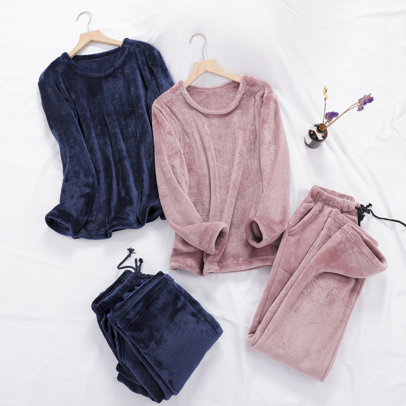 秋冬季情侣加厚纯色珊瑚绒家居服