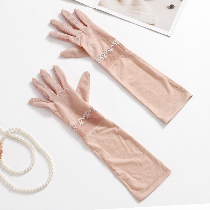 冰丝手套女超薄款弹力透气五指防滑中长款手袖子开车防紫外线触屏