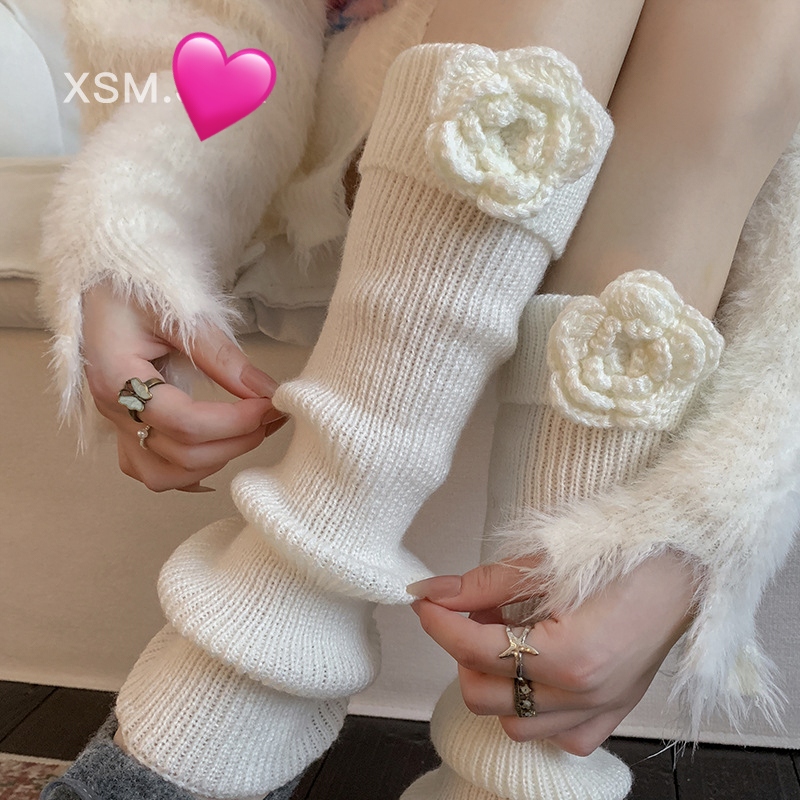 手工玫瑰花针织袜套中筒堆堆袜