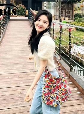 韩国emis帆布包章若楠同款白色单肩斜挎包包女大容量碎花帆布袋包