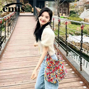 韩国emis帆布包章若楠同款白色单肩斜挎包包女大容量碎花帆布袋包