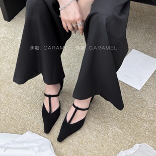 焦糖CARAMEL-春夏百搭气质尖头真皮高跟凉鞋镂空极简单鞋-6.5cm