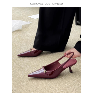 焦糖CARAMEL-春夏百搭气质尖头真皮高跟凉鞋后空浅口极简单鞋-6cm