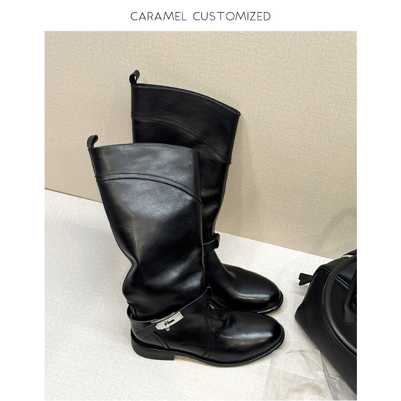 焦糖CARAMEL-小众设计感时尚真牛皮黑色圆头百搭长靴秋冬女鞋-3cm