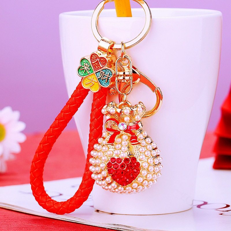 八方来财珍珠福袋汽车钥匙扣女包包挂件金属钥匙链圈商务礼品批发
