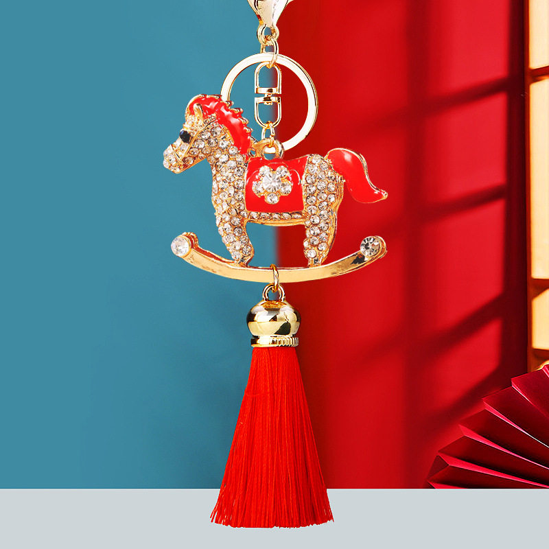 国潮生肖小马流苏汽车钥匙扣女包挂件配饰钥匙链圈花朵小木马挂饰