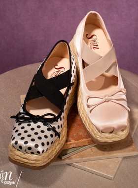 ShānRen 复古风方头蝴蝶结玛丽珍鞋女内增高松糕底波点法式单鞋