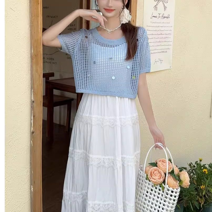 伊轩丽吊带连衣裙+镂空针织衫套装女2025夏季新款时尚显瘦两件套