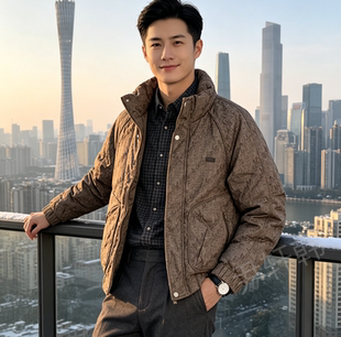 冬季新款男士加厚印花棉衣立领有型不臃肿修身时尚百搭轻商务外套