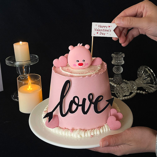 情人节蛋糕装饰粉色海狸摆件