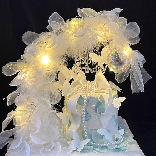 网红小仙女蛋糕装饰半月湾月亮船摆件白色纱花蝴蝶生日装扮插件
