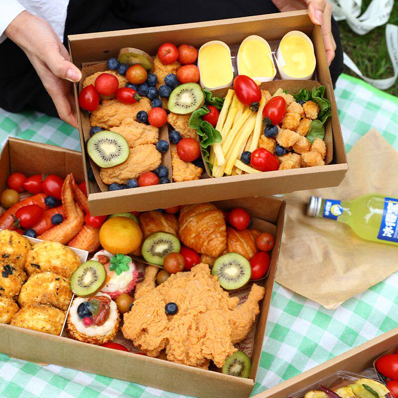 户外野餐露营盒子一次性牛皮纸打包盒便当盒网红烤肉用品春游郊游