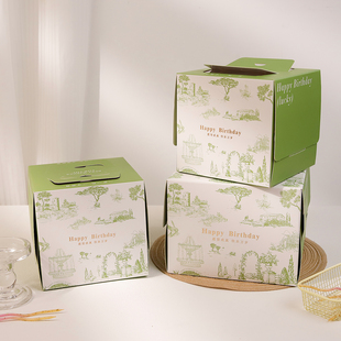 新款绿色烫金奶油生日手提蛋糕盒千层慕斯西点烘焙包装纸盒戚风