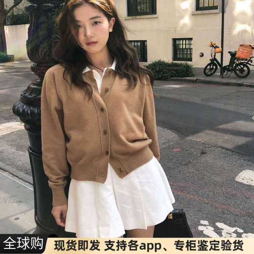 正品现货韩国barnet八奶学院风驼色羊毛圆领短款针织开衫毛衣