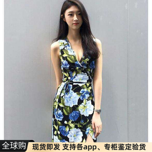 印花无袖v领交叉系带连衣裙长裙