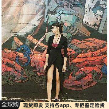 现货美国American Apparel AA深v领长袖系带开叉连衣裙长裙黑色