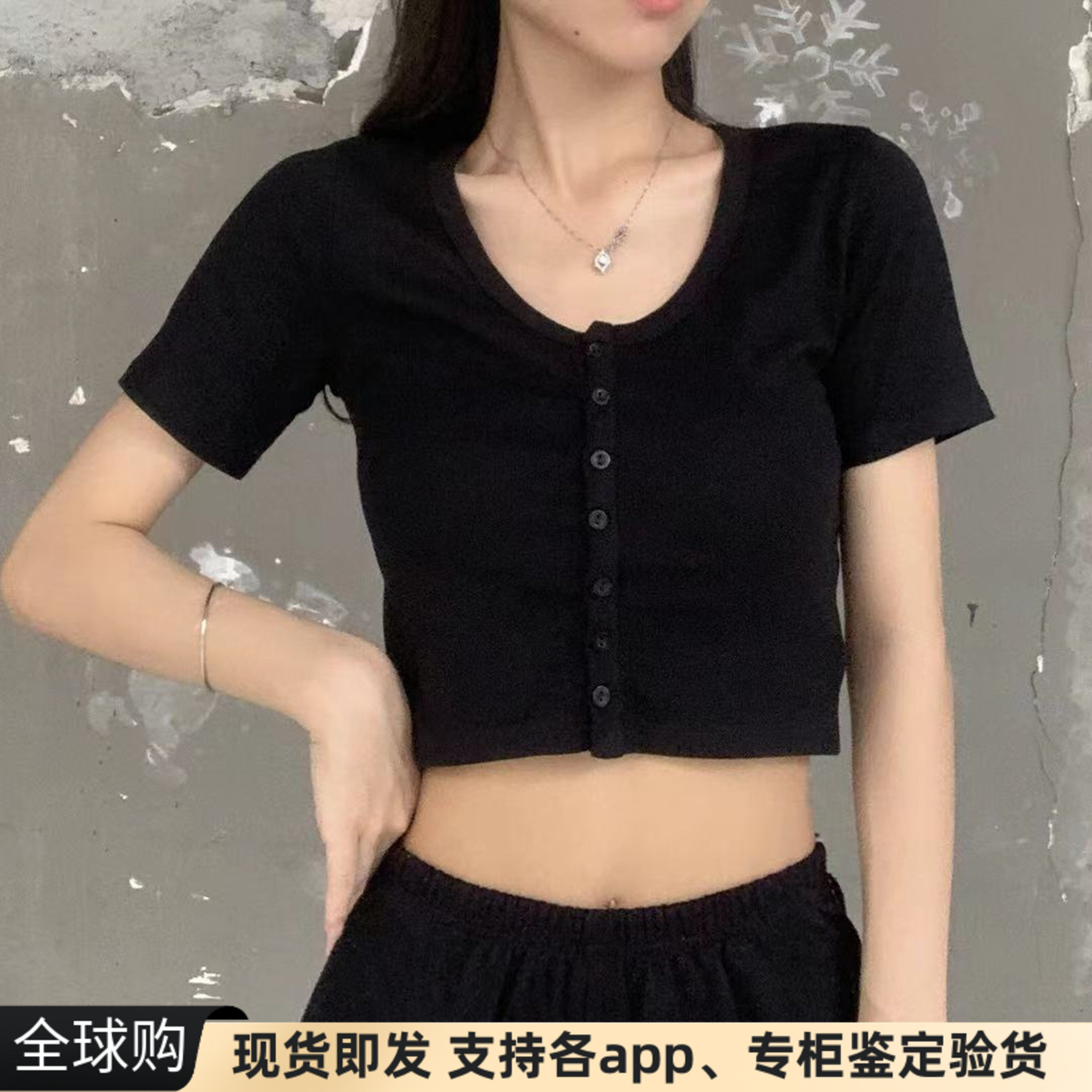 短款短袖t恤大圆领纽扣女AA正品